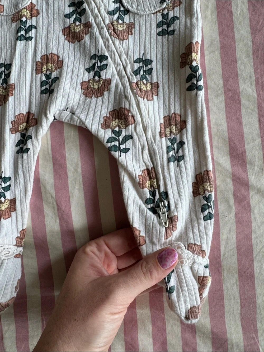 Baby Floral Footed One-Piece Romper - Cream with Brown Flowers